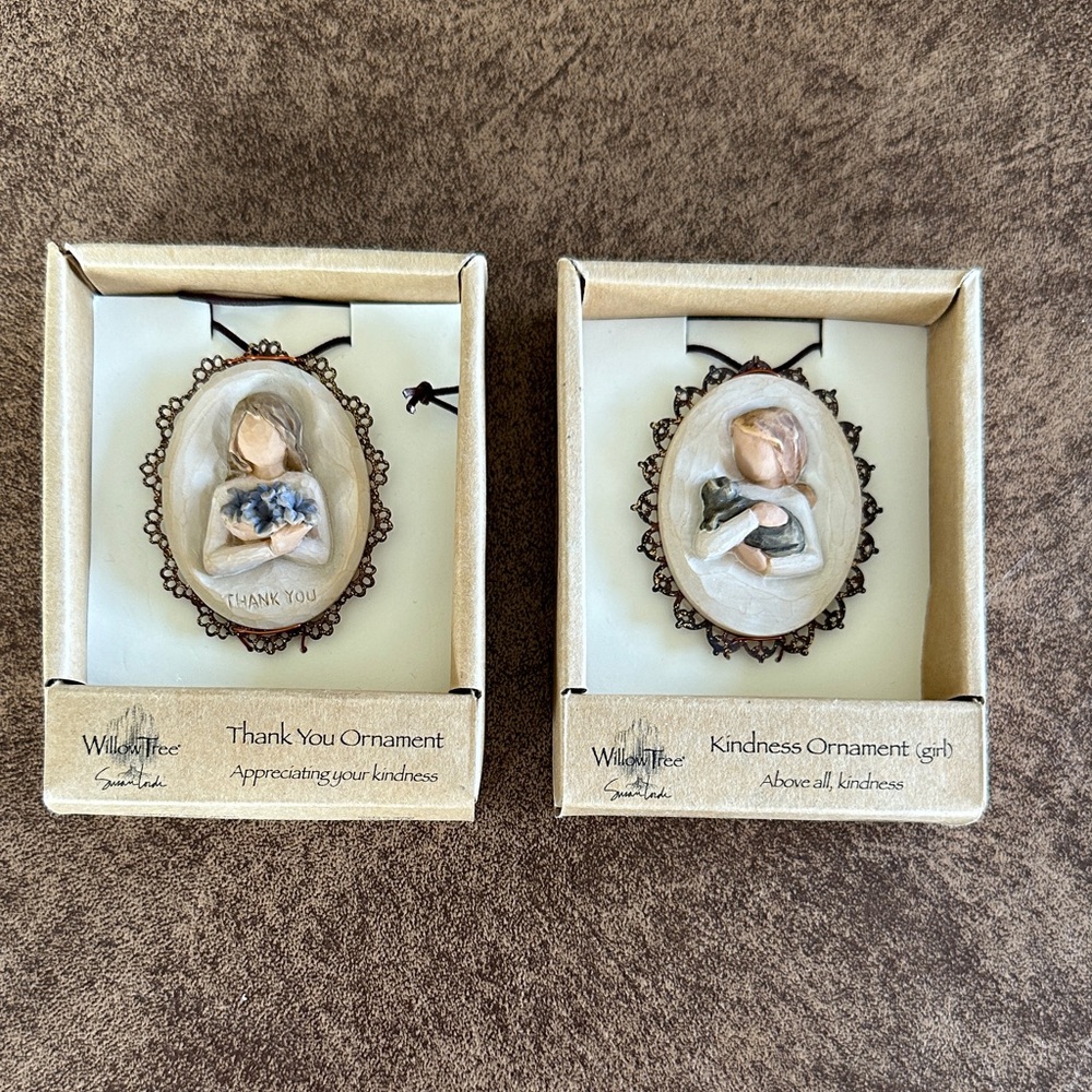 Willow Tree Cream, Blue & Gray Oval Ornament Pair - Thank You & Kindness